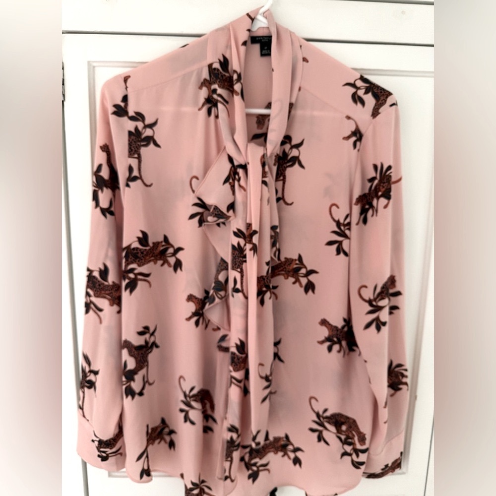 Ann Taylor Pink Leopard & Floral Tie-Neck Blouse
